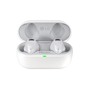 Front view with the earbuds in the open cradle.