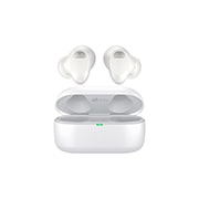 Front view of the floating earbuds with the cradle open.