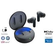 While the earbuds are in the air, light is emitted from the case, opening the cradle's lid. Plug and Wireless appear on the left, UVnano and Dolby Atmos logos on the right.