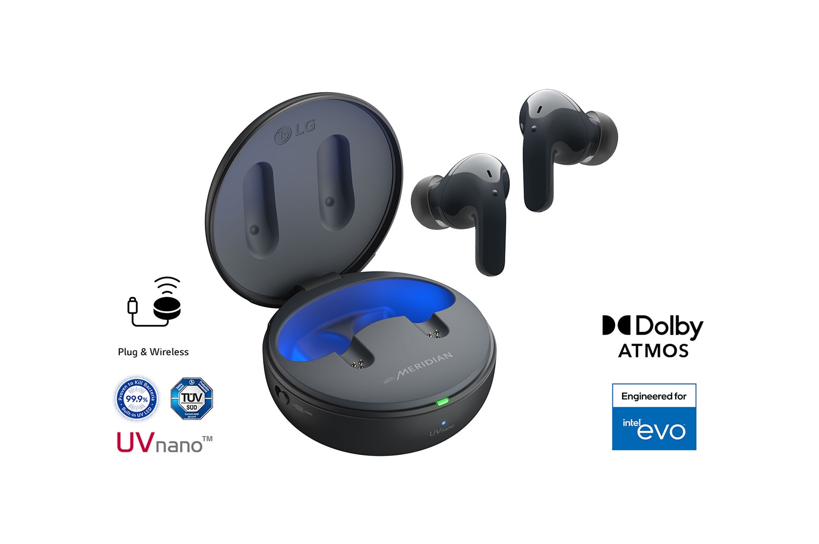 While the earbuds are in the air, light is emitted from the case, opening the cradle's lid. Plug and Wireless appear on the left, UVnano and Dolby Atmos logos on the right.