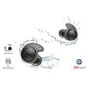 TONE Free fit earbuds being splashed by water and droplets.