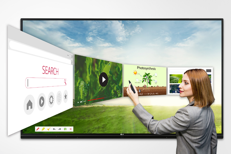 A woman is choosing a screen by using the web browser.