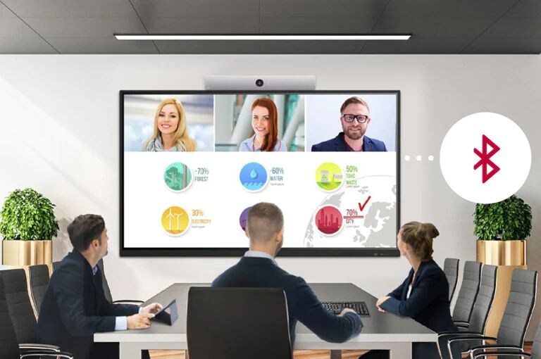 Three people are gathered in a conference room, having a virtual meeting with other people who are appearing on the screen.