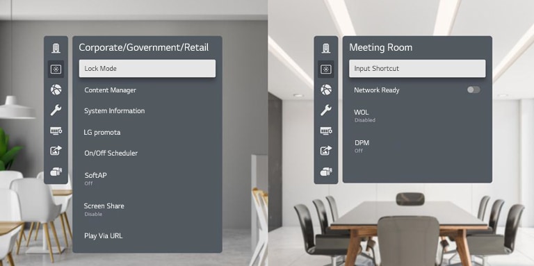 most_frequently_used_menus_are_categorized_per_industry_in_display_menu__the_left_shows_menus_for_"corporate_/_government_/ Retail" and the right menus is for "Meeting Room"