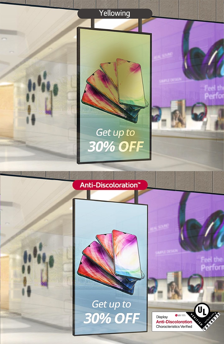 The left side of the screen has yellowing, degrading its quality, but with XS4P, which acquired the UL Verification for Display Anti-Discoloration Features, the screen is clear, safeguarding display quality.