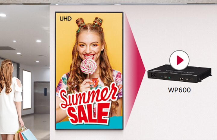 WP600 supports the play of UHD video, and this shopping mall digital signage scene is one of examples.