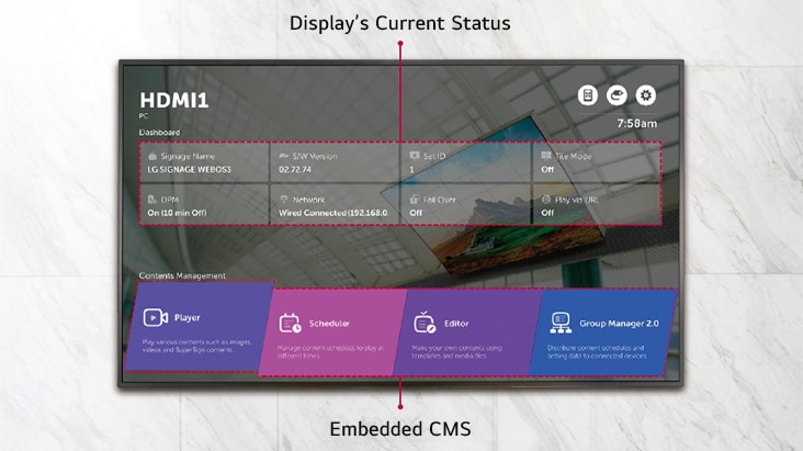 WP601 provides a home menu showing display’s current status and embedded CMS.