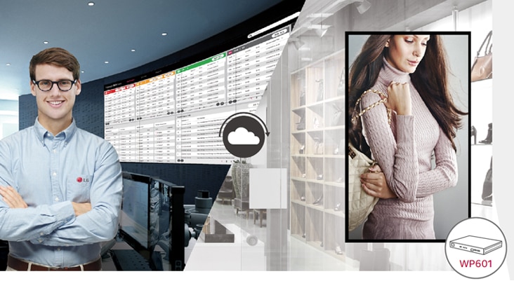 An LG employee is remotely monitoring LG digital signages in other locations using a cloud-based LG monitoring solution.
