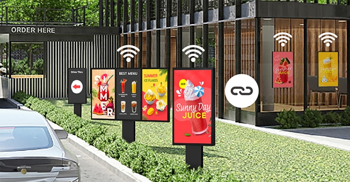 Displays installed inside and outside a café are connected via Wi-Fi and Bluetooth, making it easy to manage content seamlessly.	