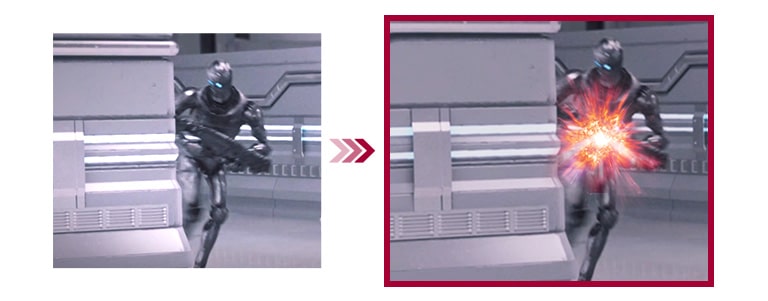 A comparison of two gaming scenes between conventional mode, and dynamic action sync mode with the reduced input lag
