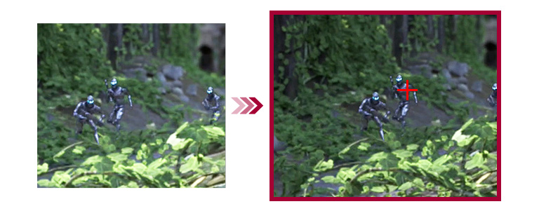 A comparison of two gaming scenes between conventional mode and Crosshair mode which leads to better aiming