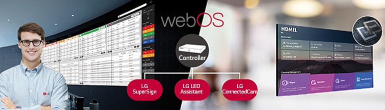 The LG employee is remotely monitoring the GSED series installed in a different place by using a cloud-based LG monitoring solution. System controller with webOS enables GSED series to be compatible with LG software solutions.