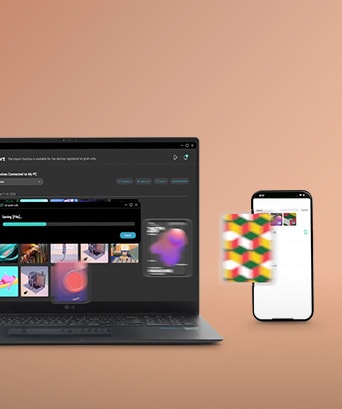 This image shows a laptop and a smartphone wirelessly sharing files. The laptop screen displays a file transfer progress window, while the smartphone screen shows a gallery of received files. A blurred, colourful file icon appears mid-transfer, illustrating the wireless sharing process.