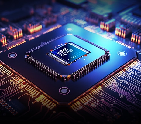 A close-up of an Intel Core Ultra processor embedded in a high-tech circuit board. The chip is surrounded by intricate circuitry with glowing orange and blue lights, creating a futuristic and high-performance aesthetic.