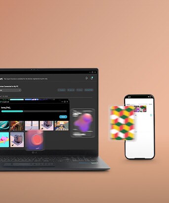 This image shows a laptop and a smartphone wirelessly sharing files. The laptop screen displays a file transfer progress window, while the smartphone screen shows a gallery of received files. A blurred, colorful file icon appears mid-transfer, illustrating the wireless sharing process.