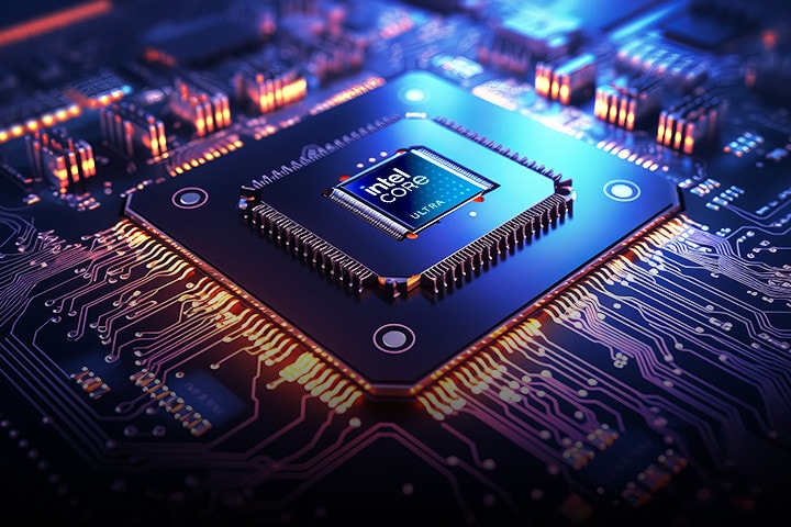 A close-up of an Intel Core Ultra processor embedded in a high-tech circuit board. The chip is surrounded by intricate circuitry with glowing orange and blue lights, creating a futuristic and high-performance aesthetic.