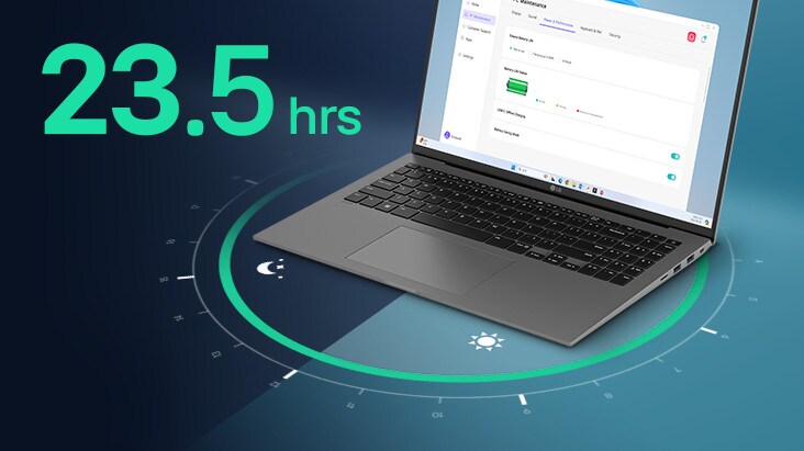 A laptop displaying a battery usage interface on its screen, surrounded by a circular visual representation of time. The text '23.5hrs' is prominently featured, highlighting extended battery life.