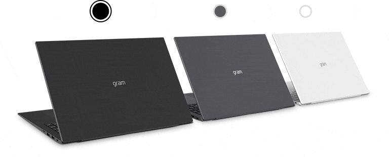 Three LG gram laptops are lined up diagonally.