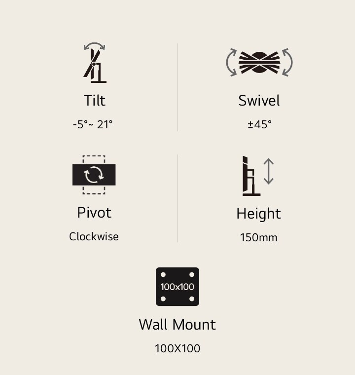 Tilt, swivel, pivot, height adjustable icons, and 100x100 wall mount icon.