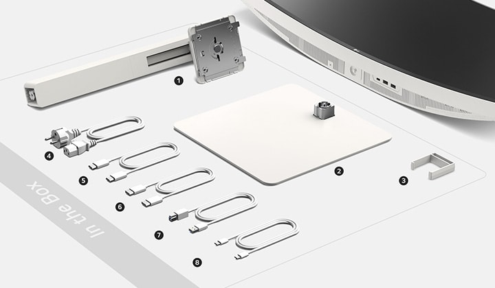 Stand body, Stand base, Cable holder, Power code, HDMI cable, DP cable, USB A to B cable and USB C to C cable in the box.