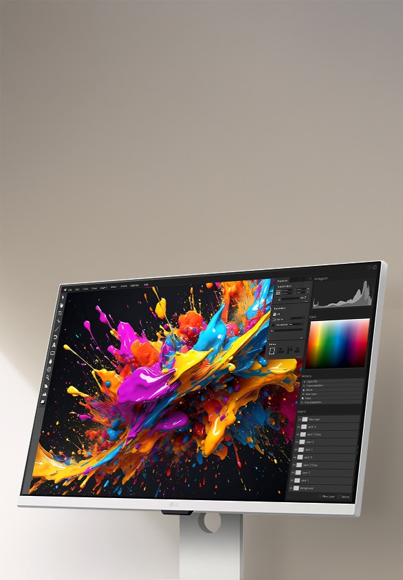 It showcases an astronaut and a colorful abstract image with vibrant 4K UHD colors.