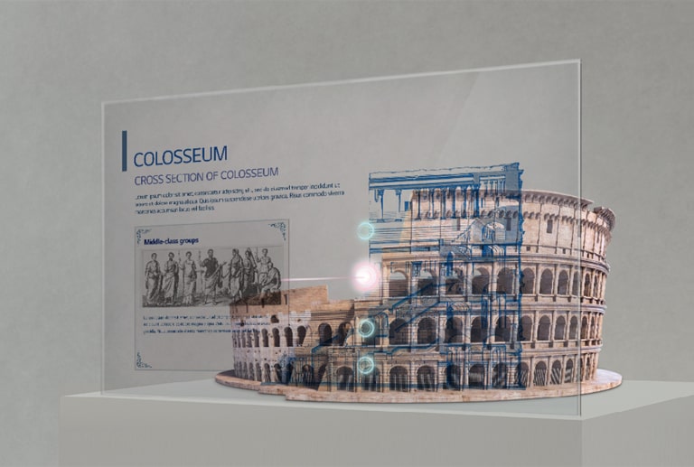 Information about the Colosseum is shown on the Transparent OLED screen set up in front of the Colosseum model.