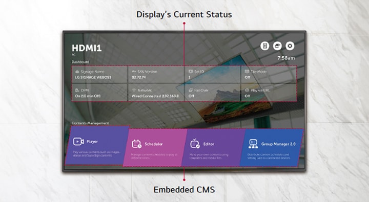 WP600 provides a home menu showing display’s current status and embedded CMS.