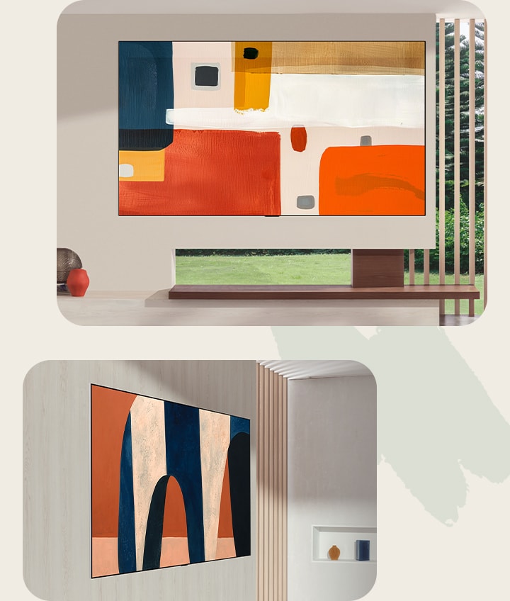 LG OLED evo G6 featuring its Zero Gap Flush-fit Gallery Design, displayed from both front and side angles to highlight how the screen sits perfectly against the wall for ultimate minimalism, transforming a modern living room into a sophisticated artistic space.