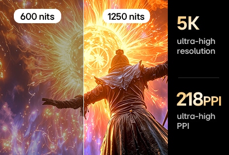 Comparison image showing the same fantasy warrior scene demonstrating ultra-high brightness and clarity, highlighting 5K ultra-high resolution and 218 PPI with significantly brighter and more vivid detail.