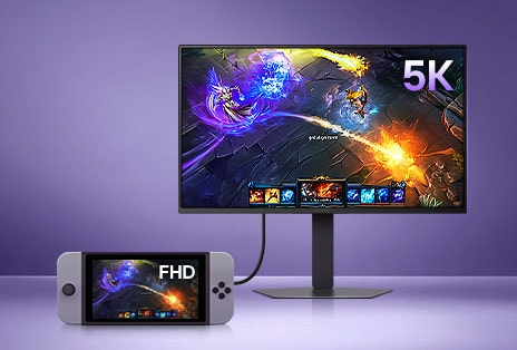 A gaming monitor displaying a vivid fantasy battle scene enhanced to 5K using AI Upscaling technology, connected to a handheld console showing the original lower-resolution image.