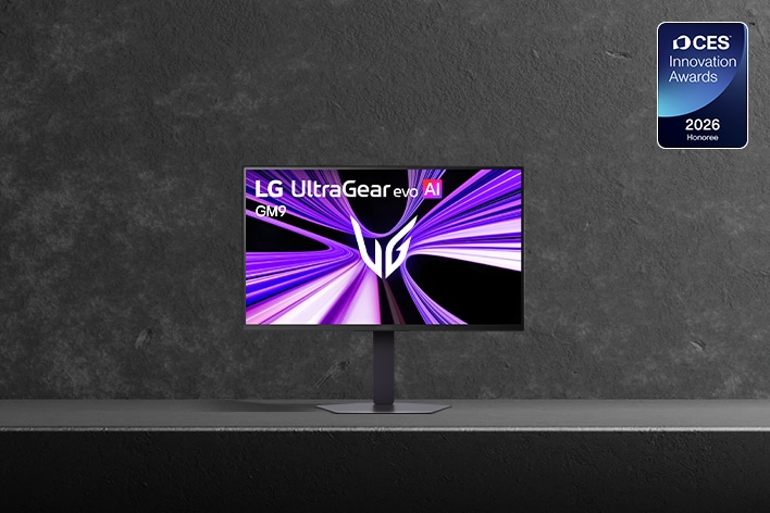 LG UltraGear evo AI GM9 27GM950B gaming monitor is displayed on a dark stone-textured surface. The screen shows a dynamic purple and white light-trail graphic with the UltraGear logo at the center. A CES 2026 Innovation Awards Honoree badge appears in the upper-right corner.