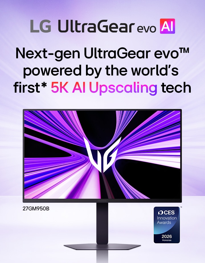 Purple radial light streaks spread across the background behind an LG UltraGear gaming monitor. The monitor displays a dynamic purple and white abstract graphic with the UltraGear logo at the center. A CES 2026 Innovation Award badge is placed next to the monitor.