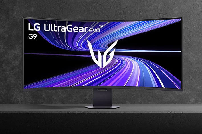 The LG UltraGear evo™ 52G930B curved ultrawide gaming monitor is displayed on a dark stone-textured surface. The screen shows a vivid purple and blue light-trail graphic with the UltraGear logo in the center.