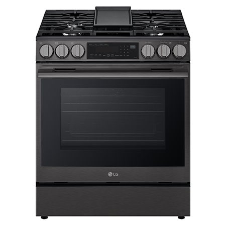 LG 30" Gas 6.3 cu. ft. Range Probake Convection, Air Fry, InstaView, SelfClean, EasyClean& Smart, Black Stainless, Slide-in Range Hood