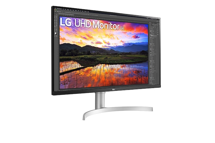 Diagonal left side view of UHD monitor with model name 34un650