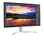 Diagonal left side view of UHD monitor with model name 34un650
