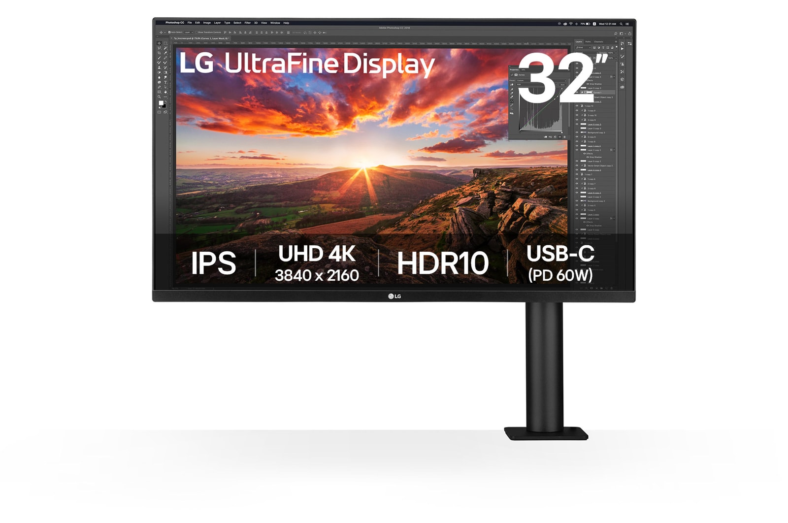 front view with the monitor arm on the right