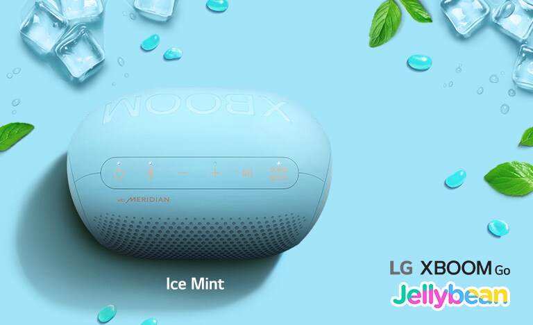 An ice mint flavored Jellybean of LG XBOOM Go PL2B is place on a blue and orange background.