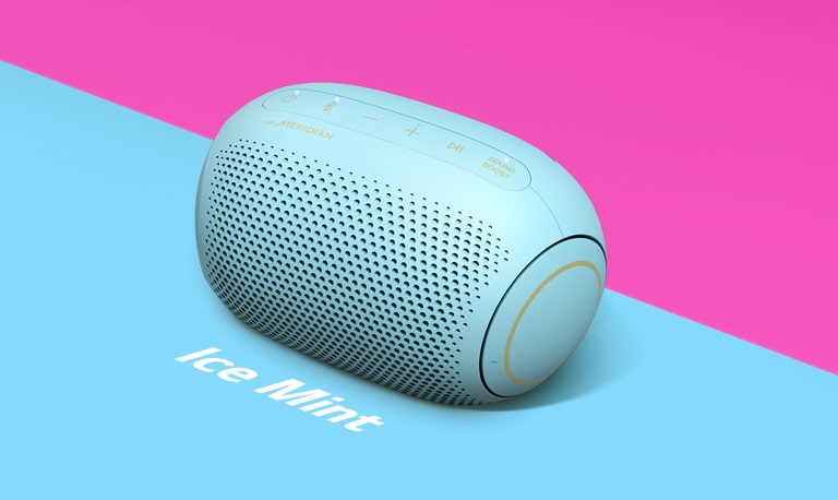 An ice mint flavored Jellybean of LG XBOOM Go PL2B is place on a blue and orange background.