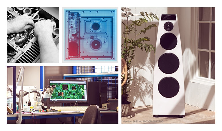 Four images of Meridian internal hardware, a white Meridian speaker, and a Meridian R&D desk