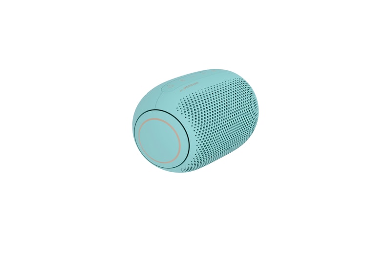 Diagonal view with the left side of LG XBOOM Go angled forward.