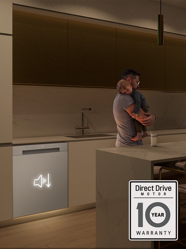 A person holds a sleeping baby in a quiet kitchen beside a white LG dishwasher, with a sound icon and a Direct Drive Motor 10-year warranty badge.