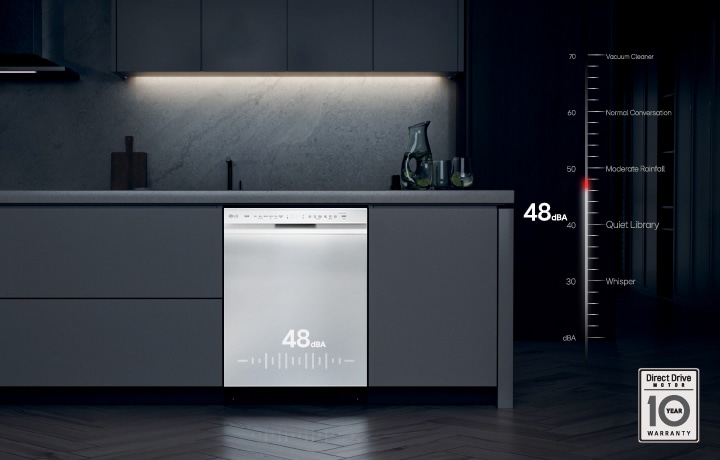 Stainless steel LG dishwasher in a kitchen, highlighting its quiet 48 dBA noise level compared to a library.