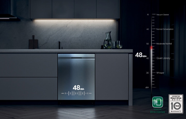Modern stainless steel LG front control dishwasher installed in a kitchen, highlighting its quiet 40 dB operation.