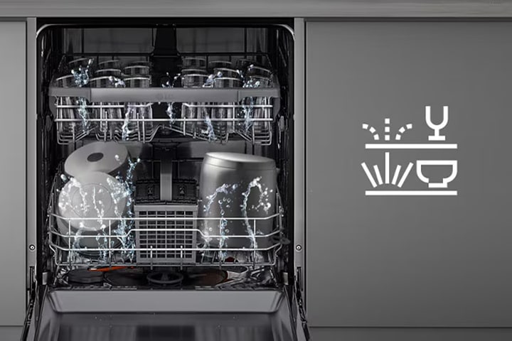 An open dishwasher shows dishes on both racks, highlighting customizable upper or lower rack washing with Flex Zone.
