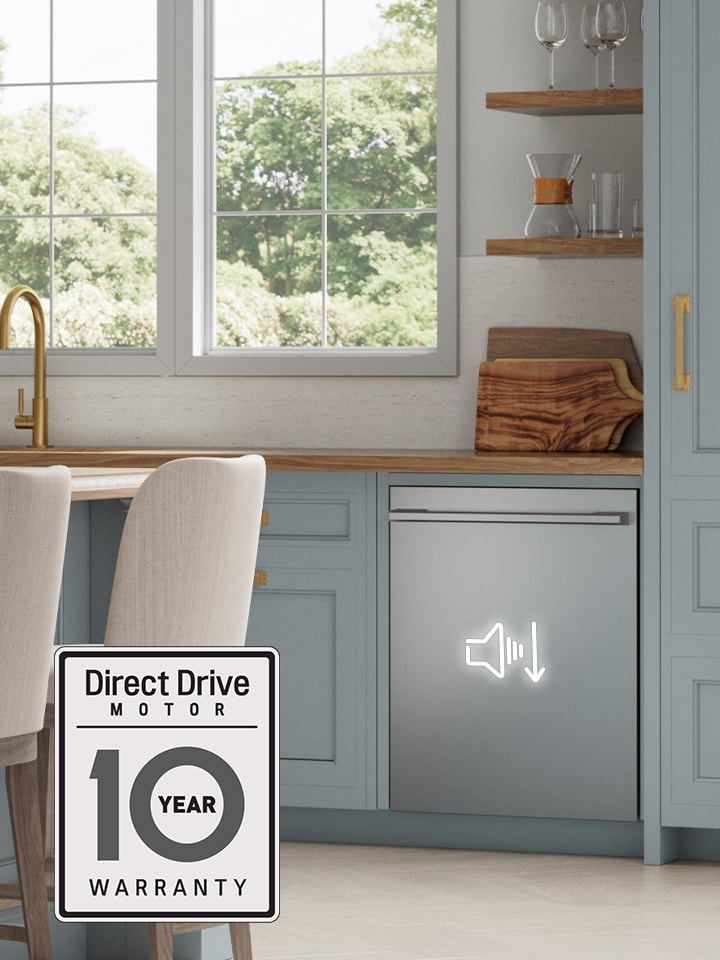 Stainless steel dishwasher in a quiet kitchen where a man holds a sleeping child, highlighting the low noise level.