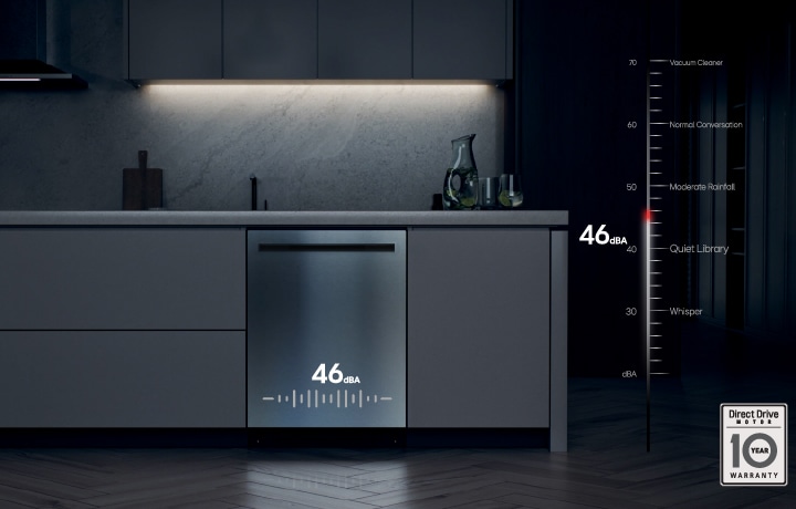 Stainless steel dishwasher in a modern kitchen showing a 46 dBA noise level rating, quieter than a library.