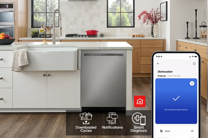 A smartphone displays LG ThinQ™ in a kitchen along with 3 app features: Download Cycles, Notifications, and Smart Diagnosis. 