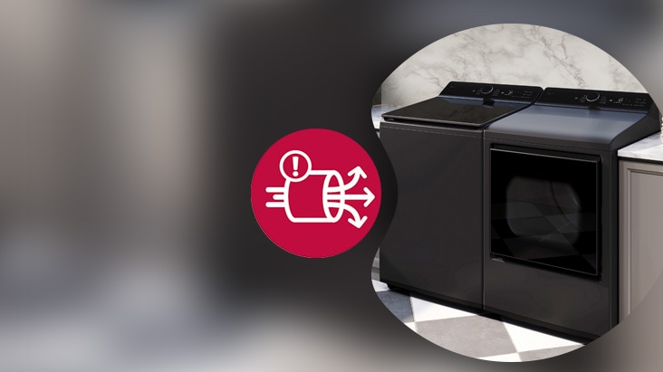 Black top-load washer and front-load dryer set with a red icon indicating a vent blockage alert.