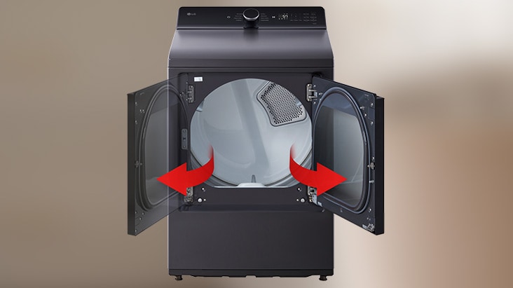 Black LG front-load dryer with a reversible door shown opening from both the left and right sides.